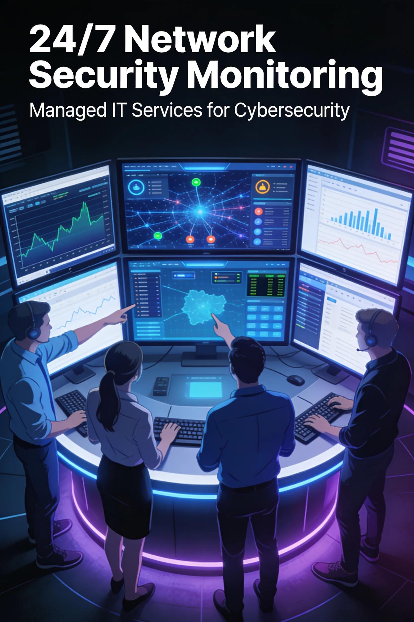 Tech support team monitoring cybersecurity solutions across multiple screens