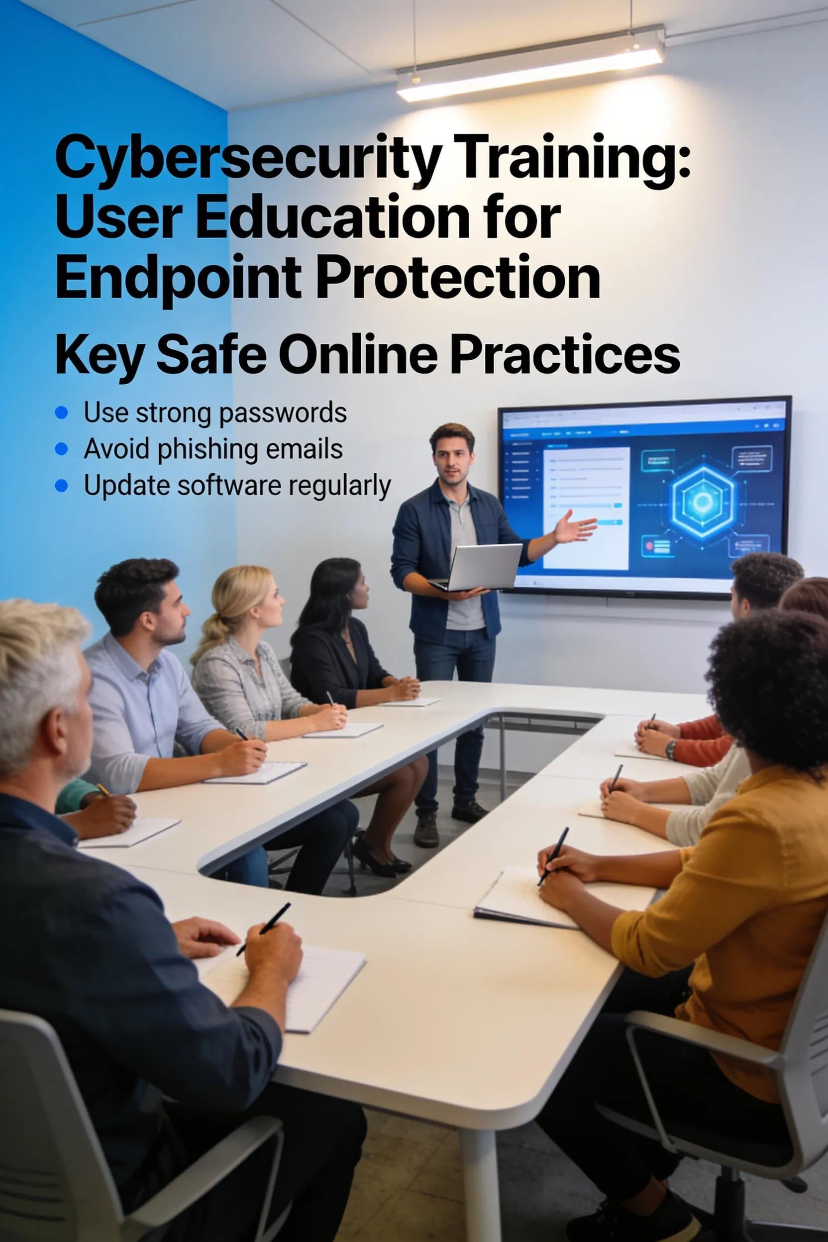 Diverse employees engaged in a cybersecurity training session focused on endpoint protection practices