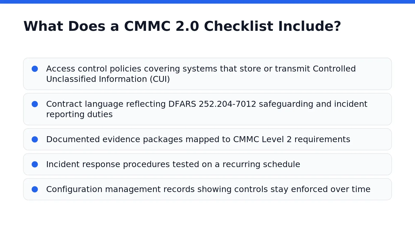 What Does a CMMC 2.0 Checklist Include in Defense Contractors